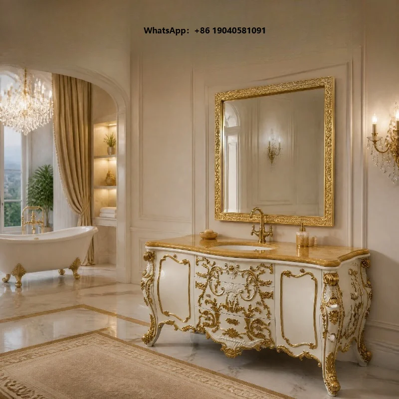 Luxury White Gold Carved Bathroom Vanity with Mirror Wooden Marble Top for Villa Master Bathroom