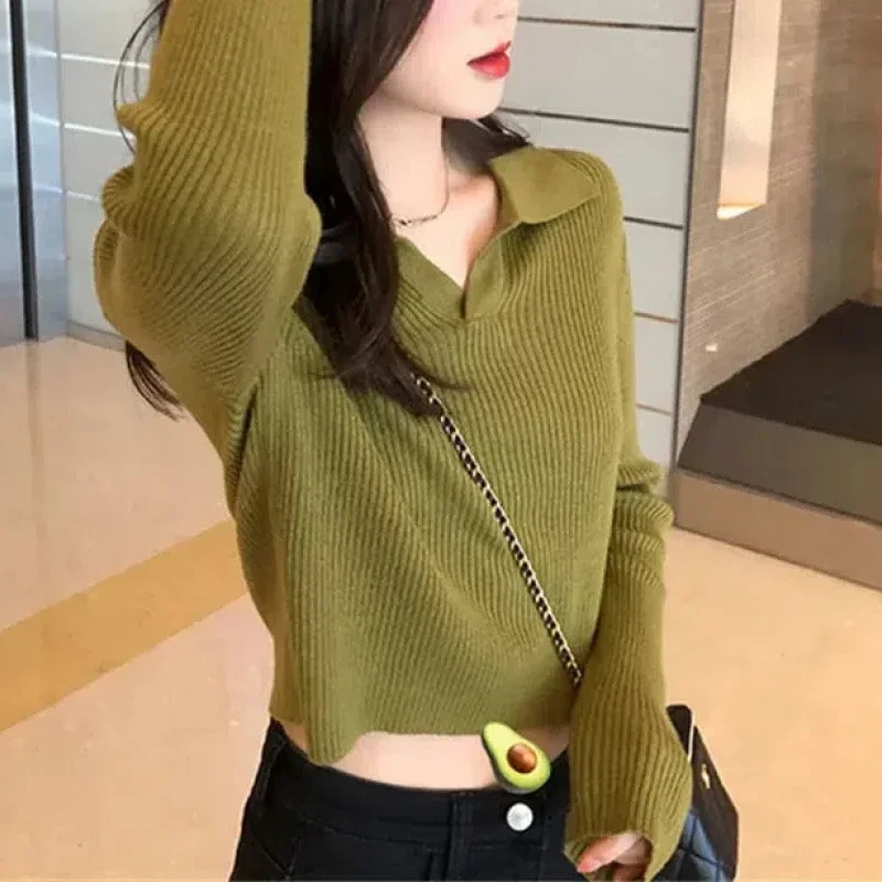 Women's Clothing Solid Knitted Casual Sweater Pullover Turn-down Collar Screw Thread Long Sleeve Office Lady Sweet Tops B289