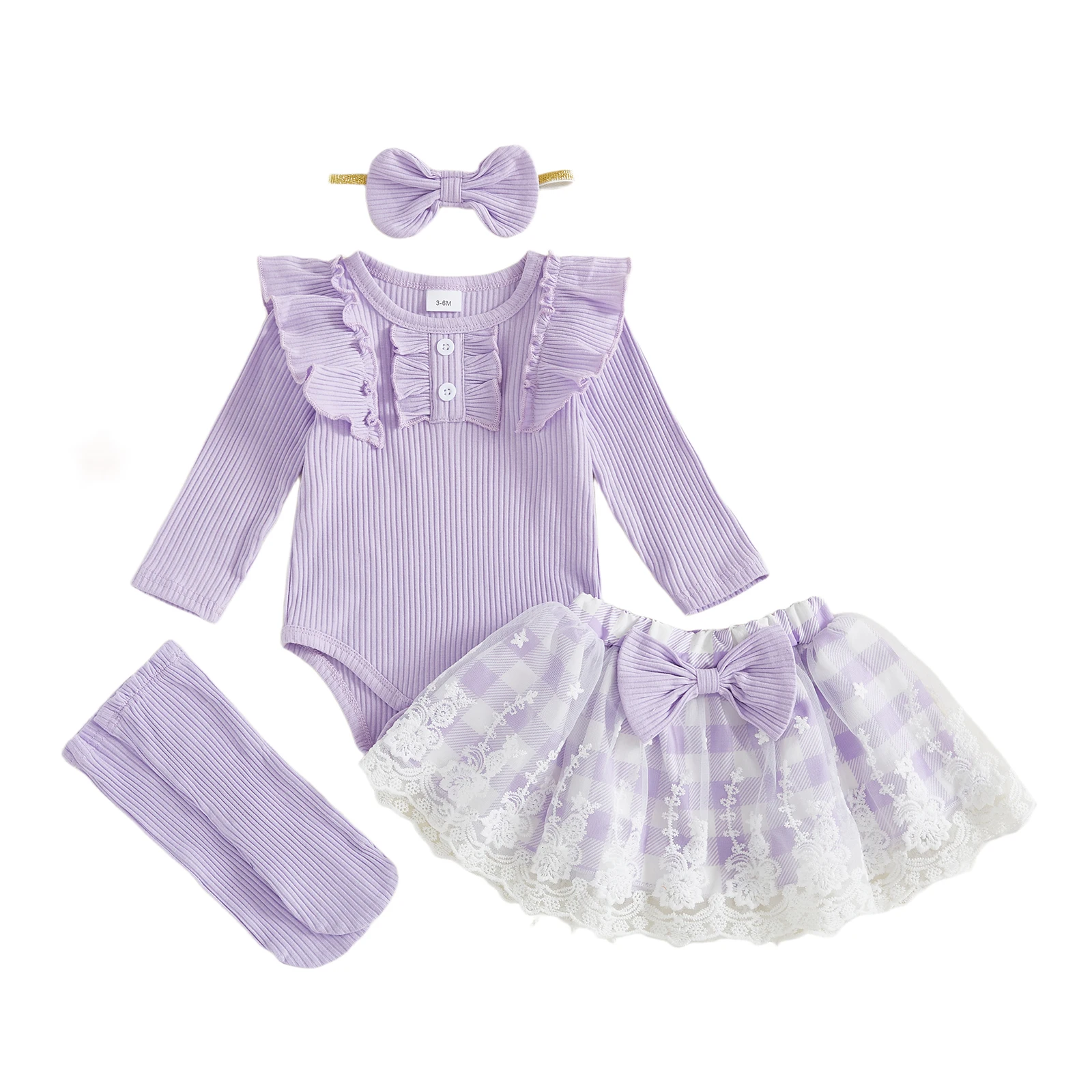 

Baby Girls Fall Outfit Ribbed Long Sleeves Romper and Lace Patchwork Plaid Skirt Headband Socks Set 4 Piece Clothes