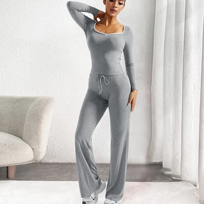 

Весенне-осенние однотонные тонкие пижамы, комплект домашней одежды, сексуальные комплекты из двух предметов с квадратным вырезом, топы с длинными рукавами и длинные брюки, серая одежда для сна