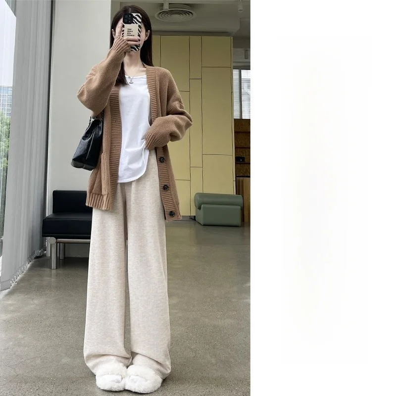 회색 캐시미어 와이드 레그 팬츠 여성 캐주얼 슬림 핏 하이 웨이스트 스트레이트 컷 봄 가을 패션 플러스 사이즈 캐주얼 바지
