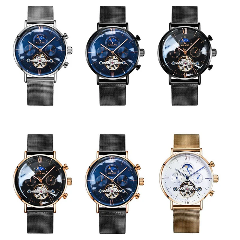 AILANG อัตโนมัติ Tourbillon นาฬิกา Casual วันที่สัปดาห์ Moon Phase Luminous กันน้ําธุรกิจผู้ชายนาฬิกา Hot Relojes