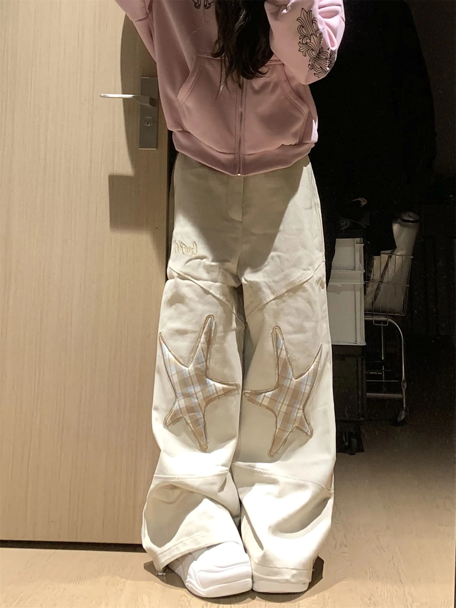 Women's High Waisted Baggy Wide Leg Jeans Cream Plaid Star Patch Embroidered Lettering Ankle Drawstring Y2K Casual Denim Pants