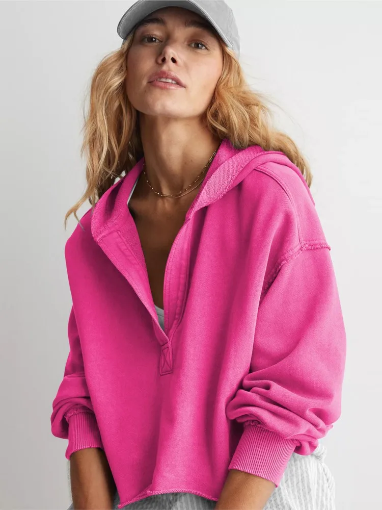 

Women's Spring Autumn New Pullover Casual Fashion Solid Color Hooded Long Sleeve Sweatshirt Solid Color V Neck Crop Hoodie