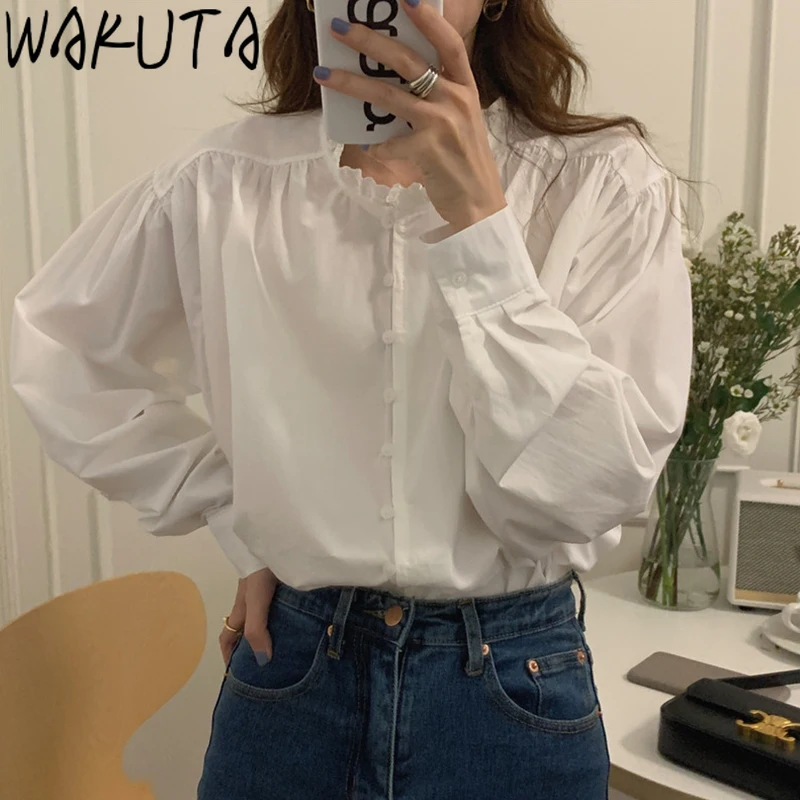 WAKUTA Stand Neck Womens Shirts Lace Patchwork Loose Vintage Fashion 2024 Solid Color Long Sleeve Ladies Tops Simple Casual