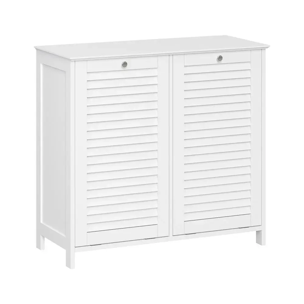 Double Tilt-Out Laundry Hamper Cabinet with Cloth Storage Bag White Removable Liner Traditional Shutter Door Design Silver Knobs