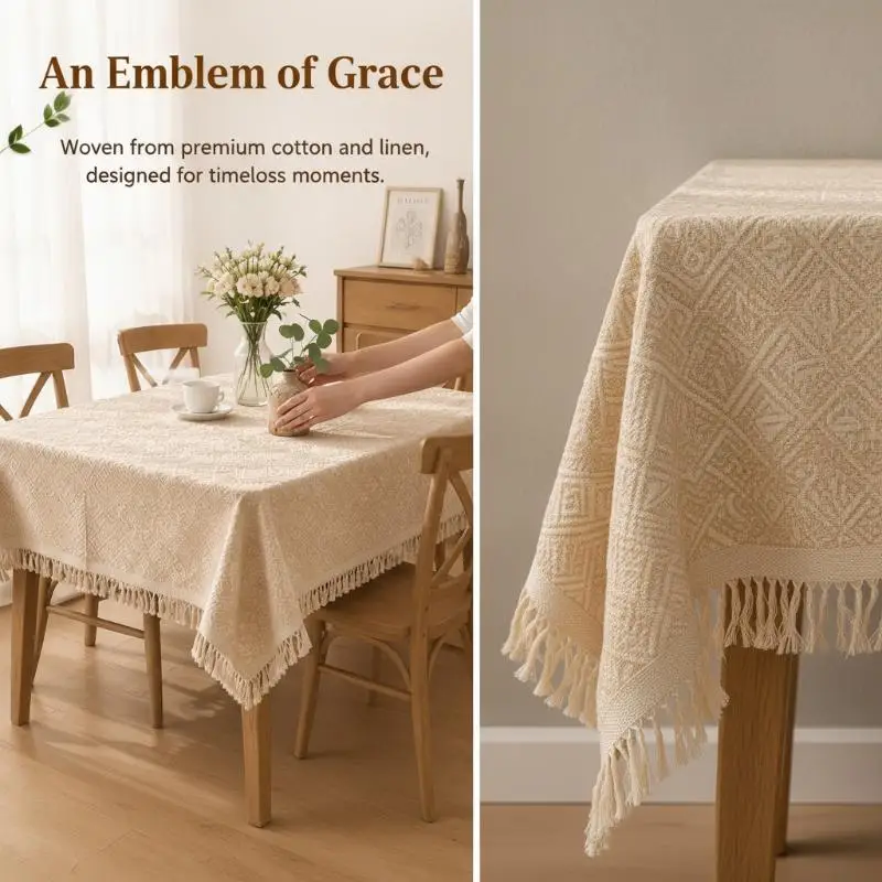Cotton Linen Geometric Embossed Tablecloth White with Tassel Edges Waterproof for Outdoor Picnic Camping Use