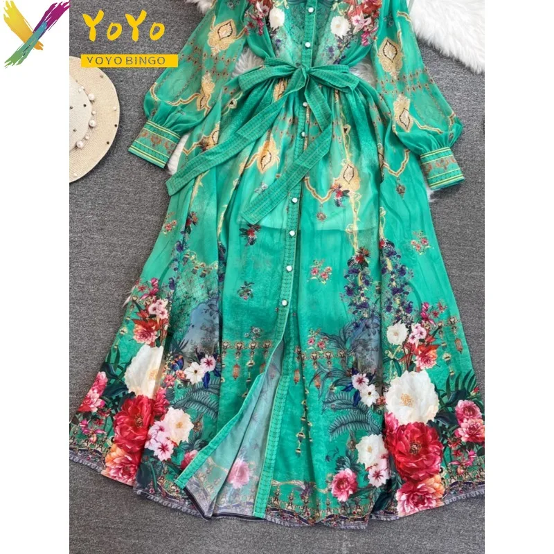 Elegant green print Lantern Sleeve Belt Shirt A-line Dress Women New Fashion Palace style Luxury Slim Bodycon Party Dress