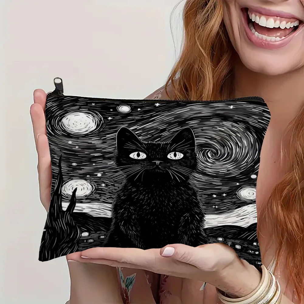 

Забавная косметичка с черным котом, органайзер для макияжа из льняной ткани для путешествий, легкая модная косметичка на молнии