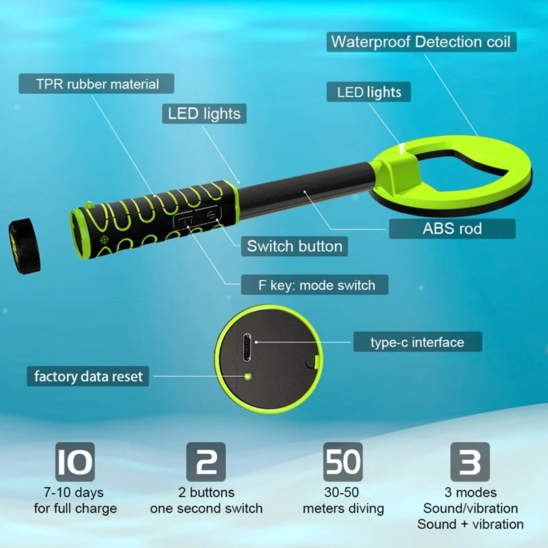 Detector de ouro e prata à prova d'água IP68, detector de metais subaquático portátil, detector portátil de ouro e prata