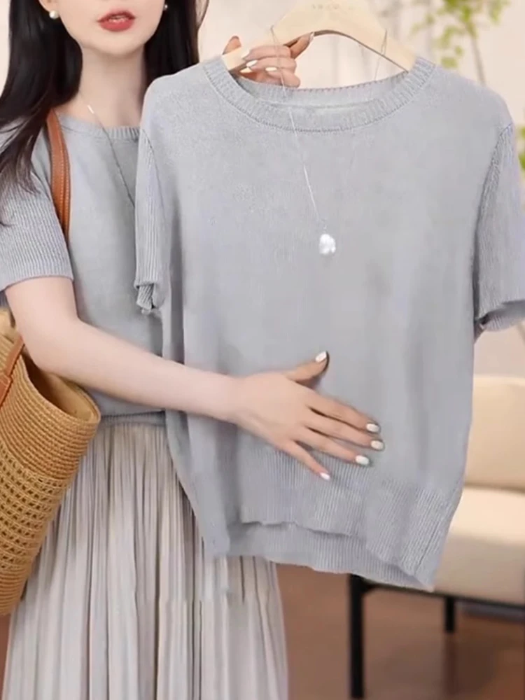 بلوزة صيفية أنيقة وعصرية بياقة مستديرة وأكمام قصيرة من الحرير الصناعي المحبوك على الطراز الكوري #4