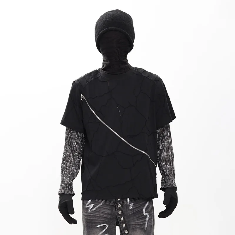 MWJLPWQ Deconstructed Design Texture Fake Two-Piece T-Shirt Men's Long Sleeve High-End Metal Zipper Pullover Casual Tops 11463