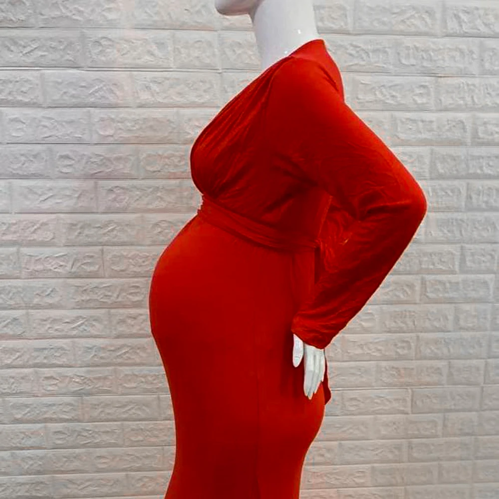 Maternity Dresses for Photo Shoot  for Baby Shower Pregnancy Red Mercerized Cotton Long Sleeve V-neck Skirt Grossesse Vestidos