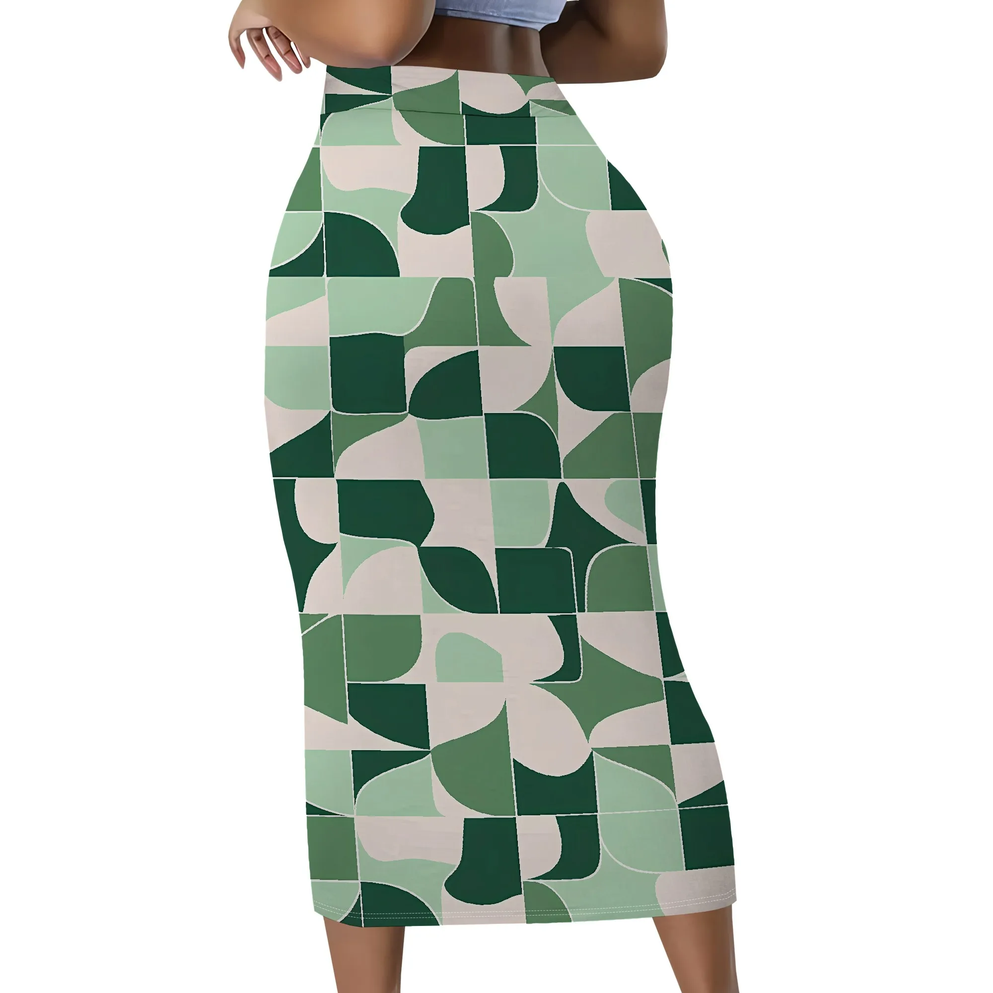 Geometrischer Druck, Midirock, grünes abstraktes Muster, Retro-Stil, Bürokleidung, Freizeitoutfit, S-2XL – Detail 3