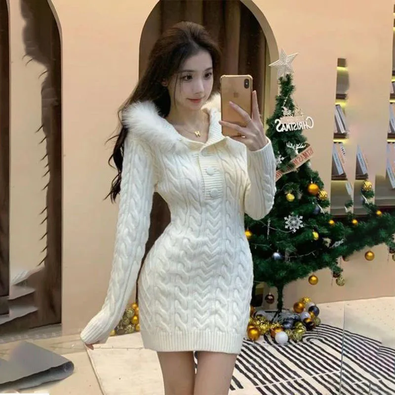 

Gentle Sweet Winter Knitted dDress for Women's Outside Wear 2023 New Autumn Winter Korean Fashion Slim Long Sleeve Sweater Dress