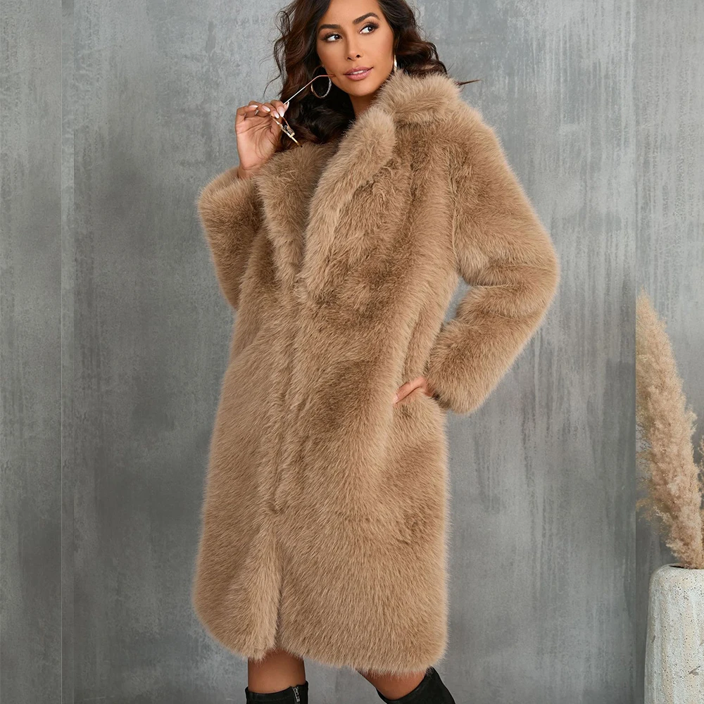 Autumn winter Imitation Fox Thick Long Suit Collar Fashion Long Sleeve Elegant Luxury Faux Fur Coat Keep Warm Plush fur coat