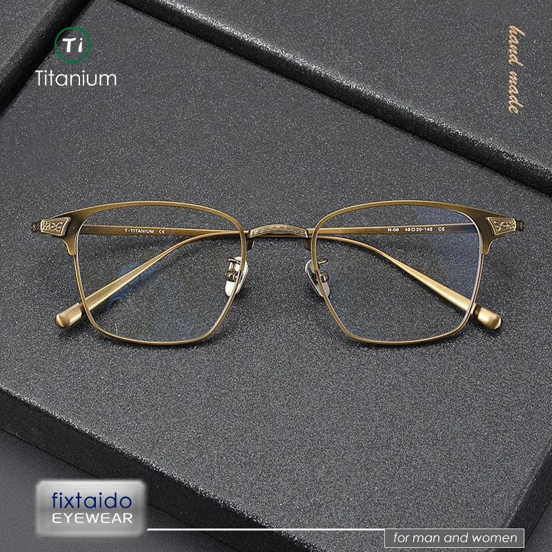 Japanese retro distressed style, literary  neutral, inverted trapezoidal titanium glasses, carved temples, Naito design, N-06