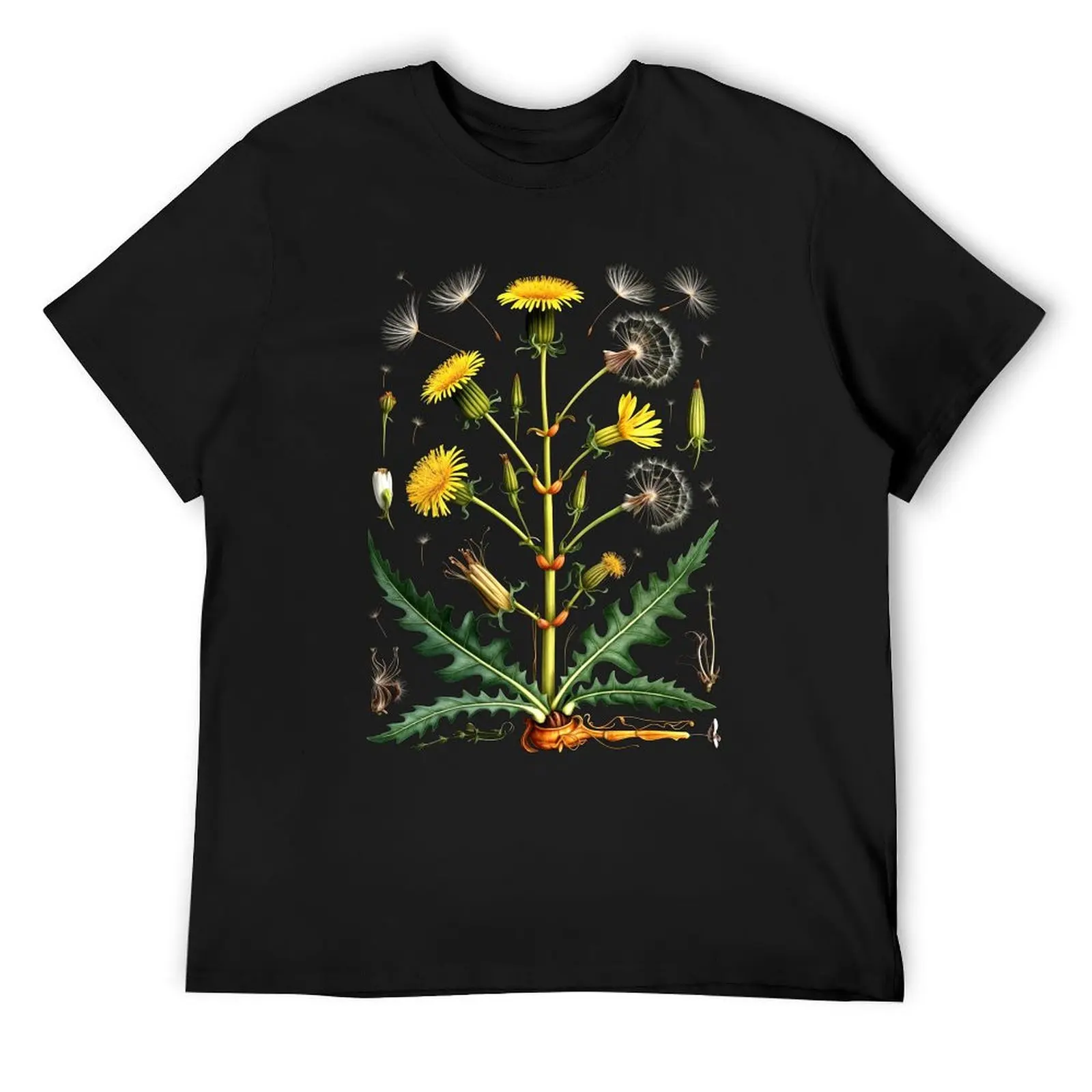 Detailed Botanical Illustration of Dandelion in Green, Yellow, and White T-Shirt plus size tops anime stuff vintage t shirt men