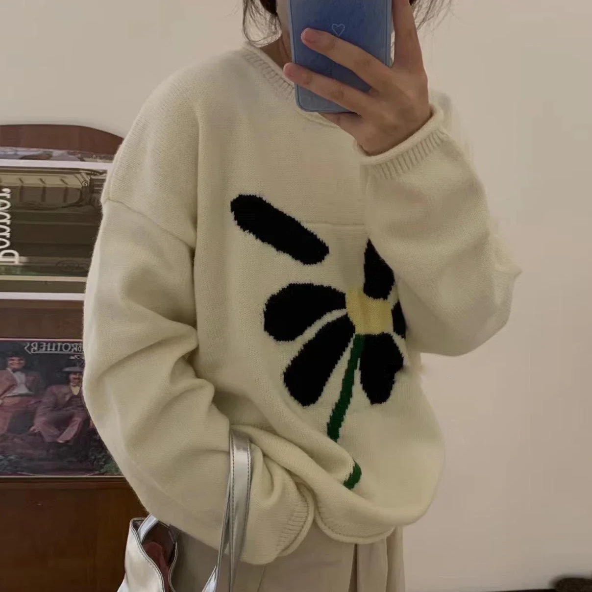 

Fashion Tops 2025 Women Pullovers Floral Jacquard Streetwear BF Vintage Jumper Korean Casual Knit Oversized Sweater Sueter Mujer