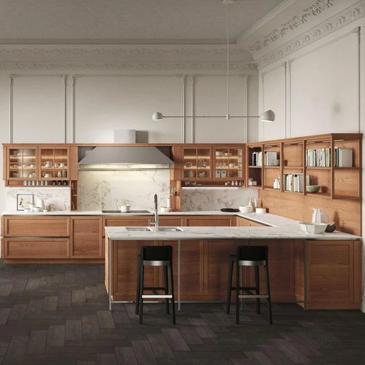Custom All Soild Wood Modern Kitchen Cabinets-Made Light Luxurious Open Mode Kitchen Cabinet