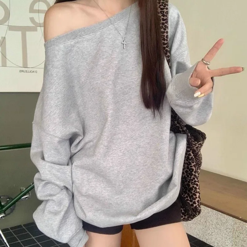 Women Clothes Casual Korean Solid Color Off Shoulder Long Sleeve Sweatshirts Autumn Winter All-match Loose T-Shirts Female Tops