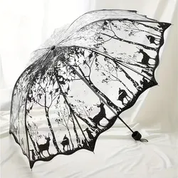 New Wave Edge Retro Transparent Umbrella PVC Three Folding Arch Butterfly Rose Umbrella