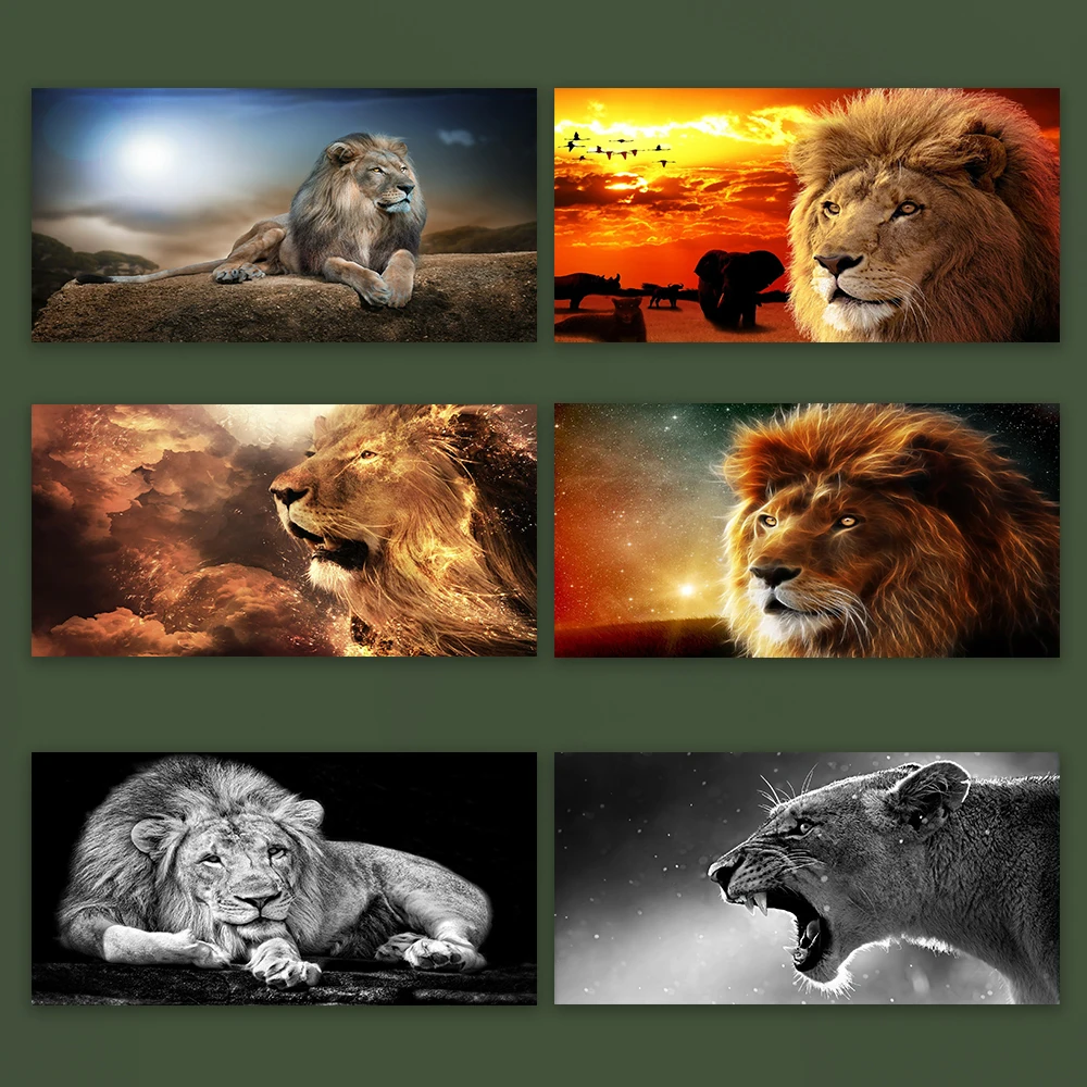 1 toile sans cadre, impression artistique Famille de Lions Royaux, Affiche artistique Safari Majesty Coucher de soleil, Rugissement majestueux Lion noir et blanc M