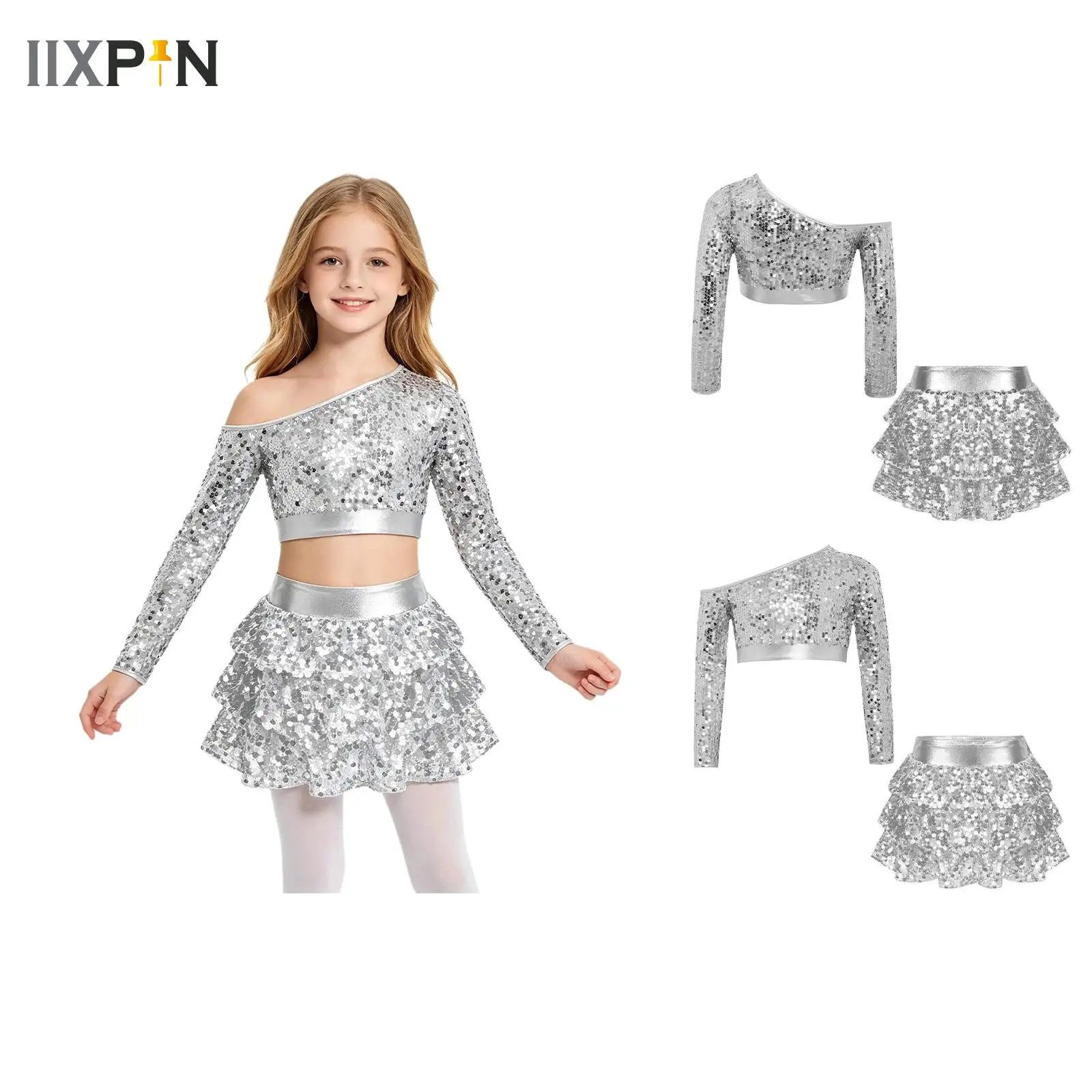 conjunto-de-danca-jazz-para-meninas-top-de-lantejoulas-de-um-ombro-com-manga-longa-e-saia-tutu-metalica-para-competicao-e-apresentacao-estilo-disco