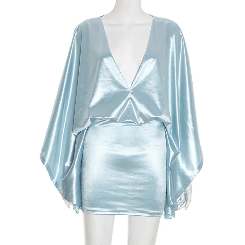 Mini vestido de cetim brilhante, elegante, sexy, feminino, sedoso, decote em v, solto, manga batwing, bodycon, roupas de festa, noite, roupa de balada, streetwear
