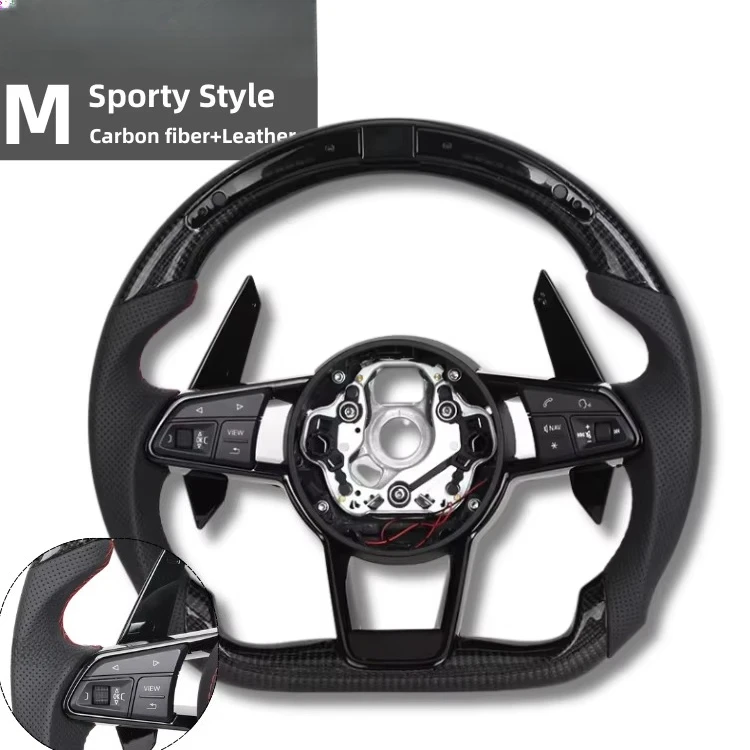 Custom Carbon Fiber LED Steering Wheel for A3 A4 A5 A6 B9 RS3 RS7 Q5 Q7, Semi-Perforated Leather, Flat Bottom