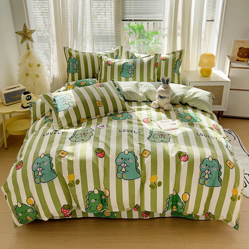 Cartoon Dinosaur Duvet Cover Set Single/Queen Cotton Green Stripes Bedding Set Soft Reversible Comforter Cover with 2 Pillowcase