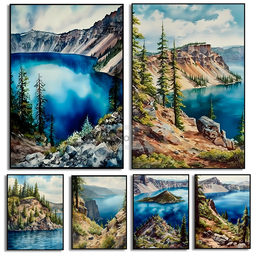 Crater Lake National Park Painting Watercolor Landscape Art Posters and Prints Canvas Painting Wall Art Pictures Home Room Decor