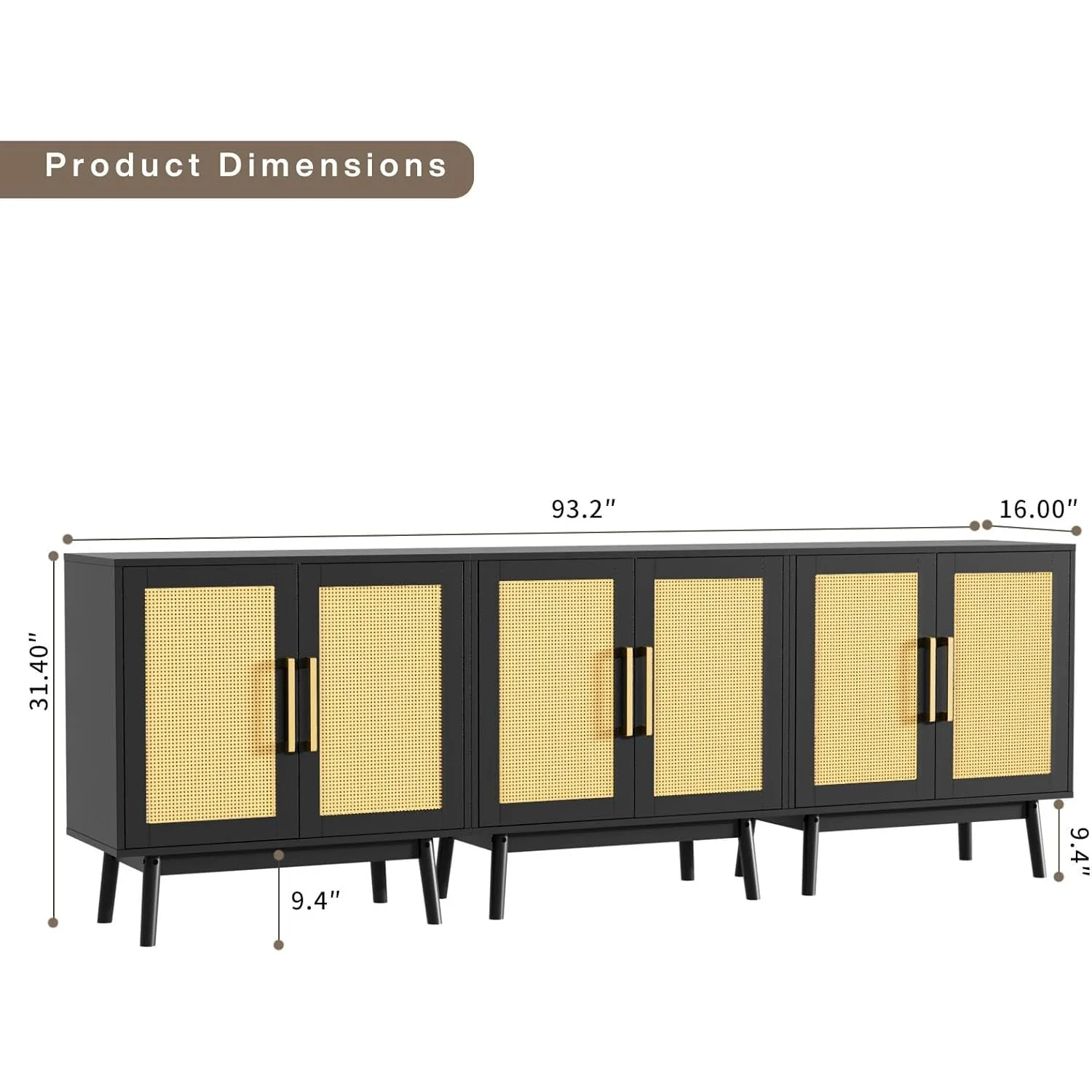 Set of 3 Sideboard Storage Cabinet with Rattan Doors and Adjustable Shelves, Rattan Cabinet Buffet Cabinet Accent Cabinet