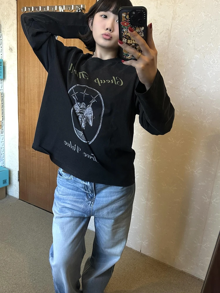 레트로 아메리칸 스트리트 스타일 여성용 롱 슬리브 티셔츠 순면 워싱 프린트 루즈핏 가을 신상품