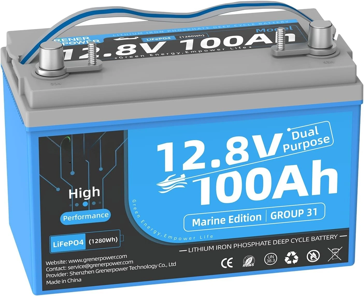 بطارية LiFePO4 12.8V100Ah، مدمجة 200A BMS، حافظة Group31 بطارية بدء بحرية مزدوجة الأغراض، حتى 900A MCA و4P4S 12V