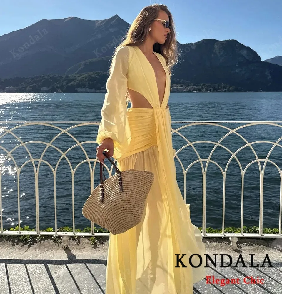 KONDALA, vestido Sexy elegante de gasa para mujer, cintura hueca, escote en V profundo, vestido ajustado sin espalda, vestido de mujer romántico de vacaciones de verano 2025