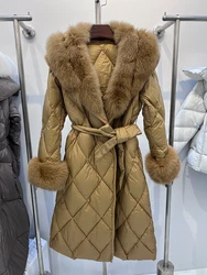 New Fashion Winter Women Long Goose Down Jacket Natural Real Big Fox Fur Collar Thick Warm Belt Parka Coat Luxury Fur Coat