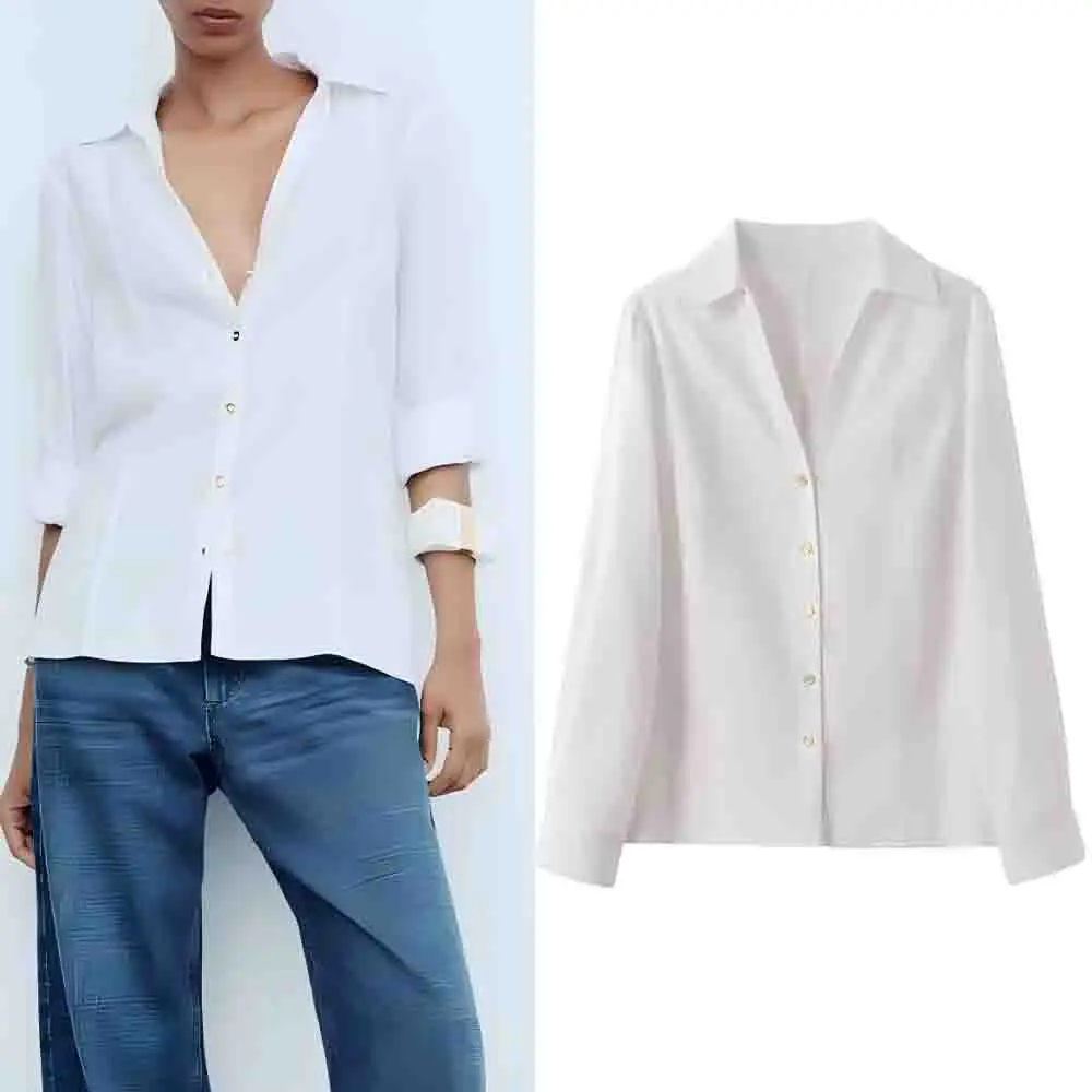

Women's 2025 new Fashion rollable sleeve design casual linen blend shirt retro lapel Button-up women's shirt chic top