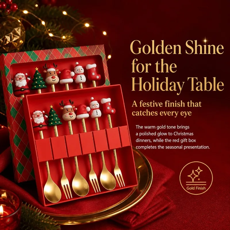 Christmas Stainless Steel Spoon and Fork Set Cartoon Cute Dessert Spoon Fruit Fork Tableware Gift Box Santa Claus