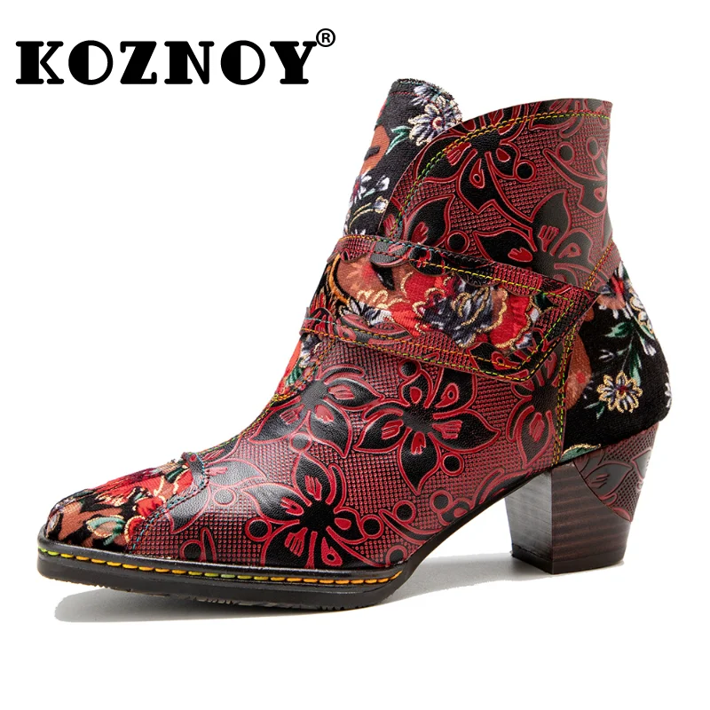 

Koznoy 5cm Sheepskin Leather Ankle Retro British Style Boots Ethnic ZIP Big Size Chunky Heels Autumn Spring Cowboy Women Shoes