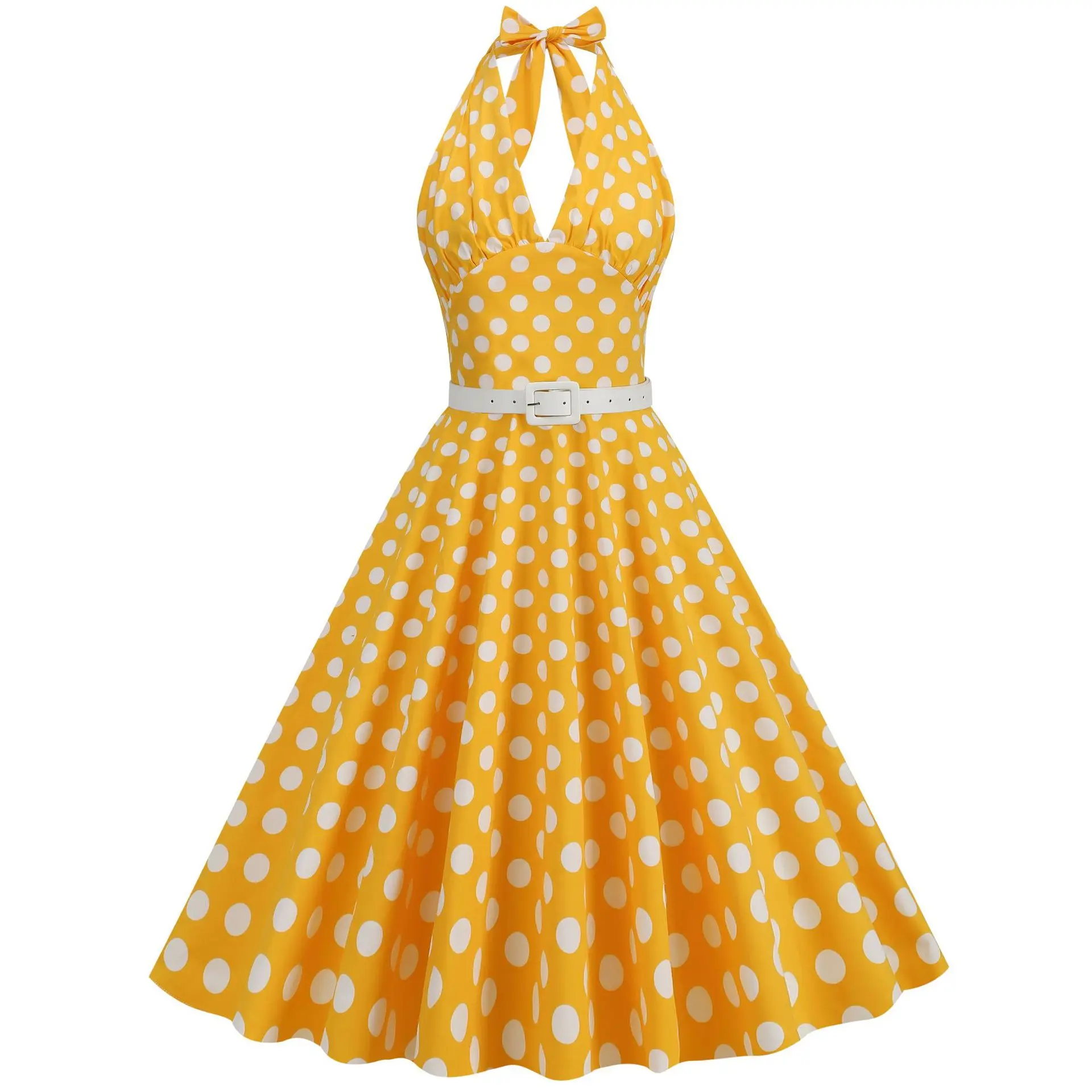 2025 Summer Women's Dress V-neck Bow Hanging Neck A-line Dress For Women Polka Dot Small-waisted Big Swing Dress Women Clothing