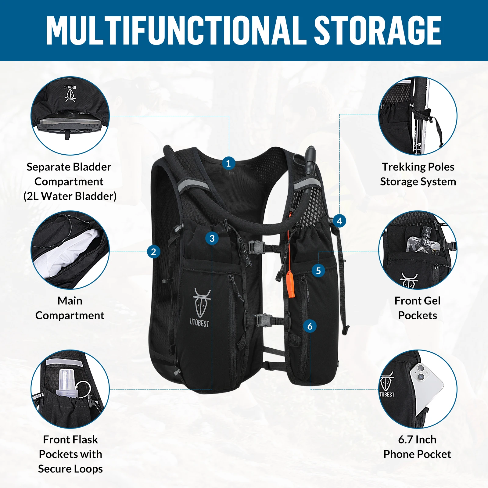 UTOBEST Trail Running Backpack 10L Ultra Lightweight Hydration Vest with 2L Water Bladder for Outdoor Hiking Cycling Marathon