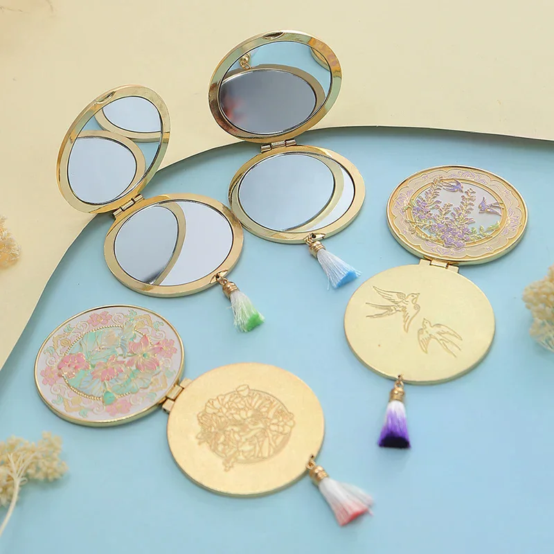 Chinese Style Craft Metal Makeup Mirror With Tassel Folding Portable Cosmetic Mirror Creative Exquisite Handheld Mirror Student