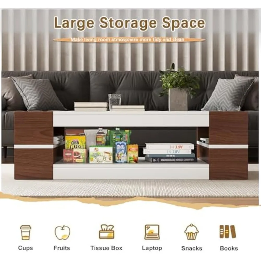 47.2" Modern Stylish Coffee Table with Glass Table Top, Large Living Room Table Rectangular 2-Tier Center Tables with Storage, W