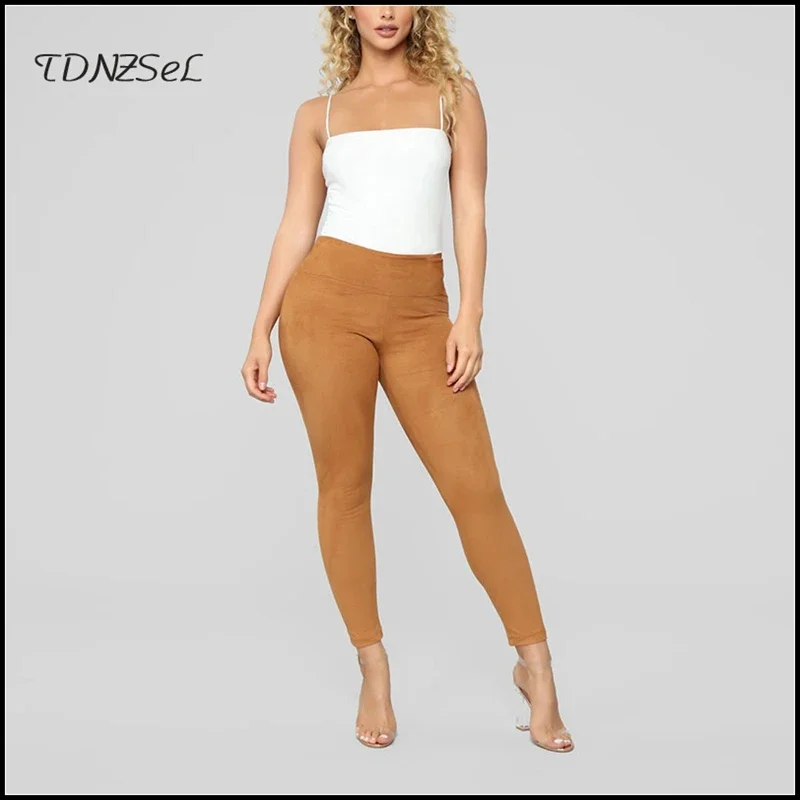 

Tan Faux Suede Leather Pants Women Autumn Casual Skinny Pencil Trousers Office Lady High Waist Seamless Leggings Winter Custom