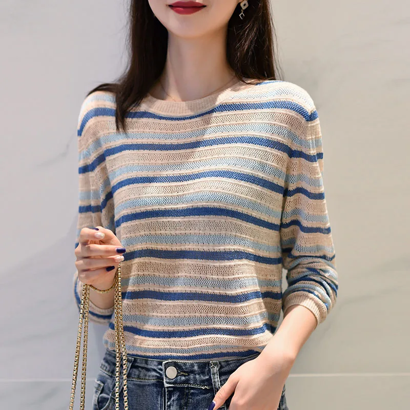 

New Long Sleeve Knitted Sweater Women Pullovers Striped Hollow Out Knit Sweater Pullover Women Tops O-Neck Sueter Feminino Q2640