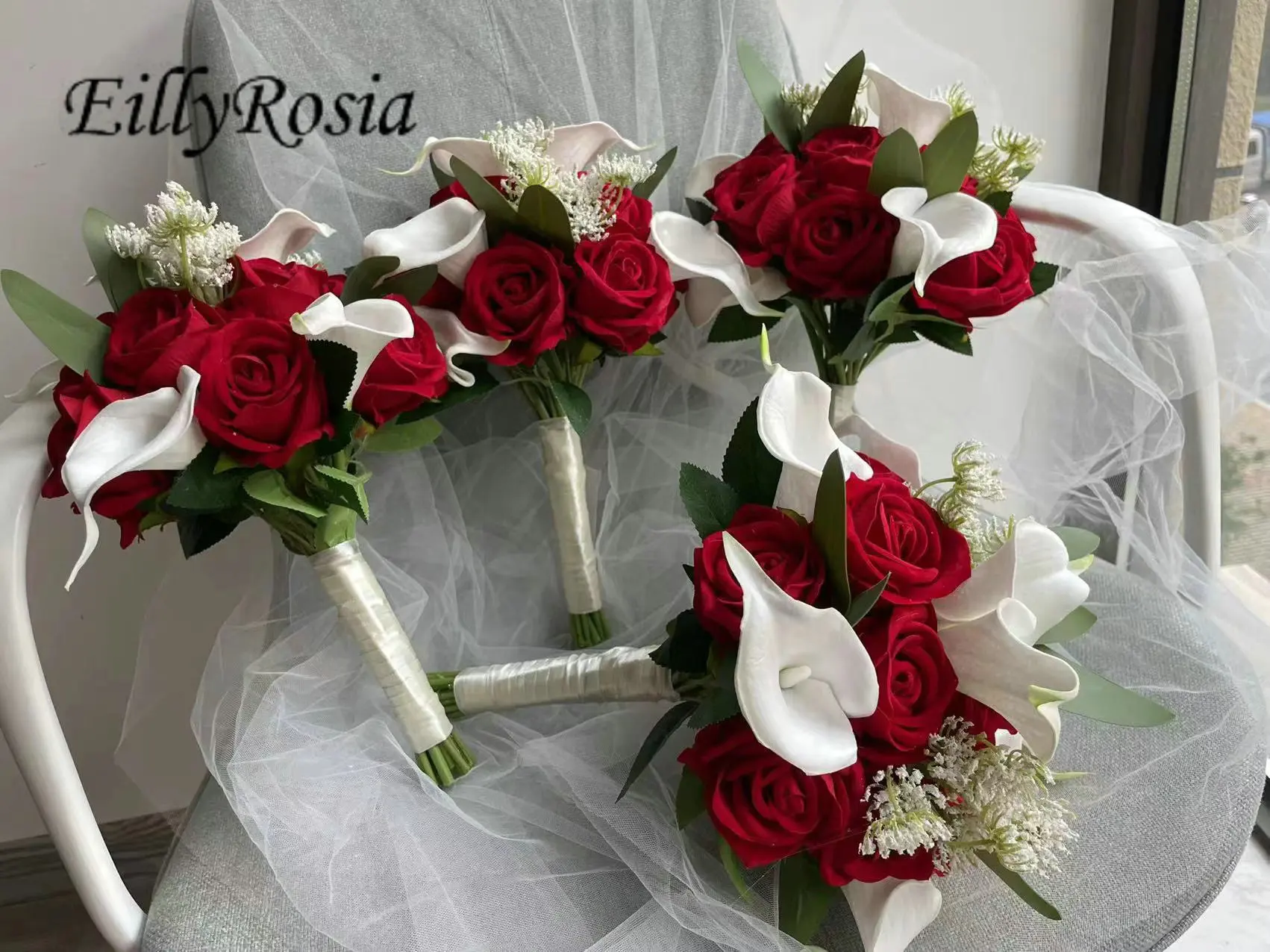 EillyRosia-Buquê De Noiva Branco E Vermelho, Flores Artificiais, Buquê, Calla, Lírio, Rosas, Verde, Folha De Eucalipto, Redondo, Flores De Dama De Dama