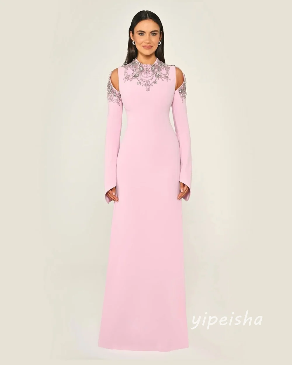 

Customized Pink Intricate Luxurious Jersey Beading Sequined Rhinestone Straight High Collar Long Dresses Evening Dresses Casual