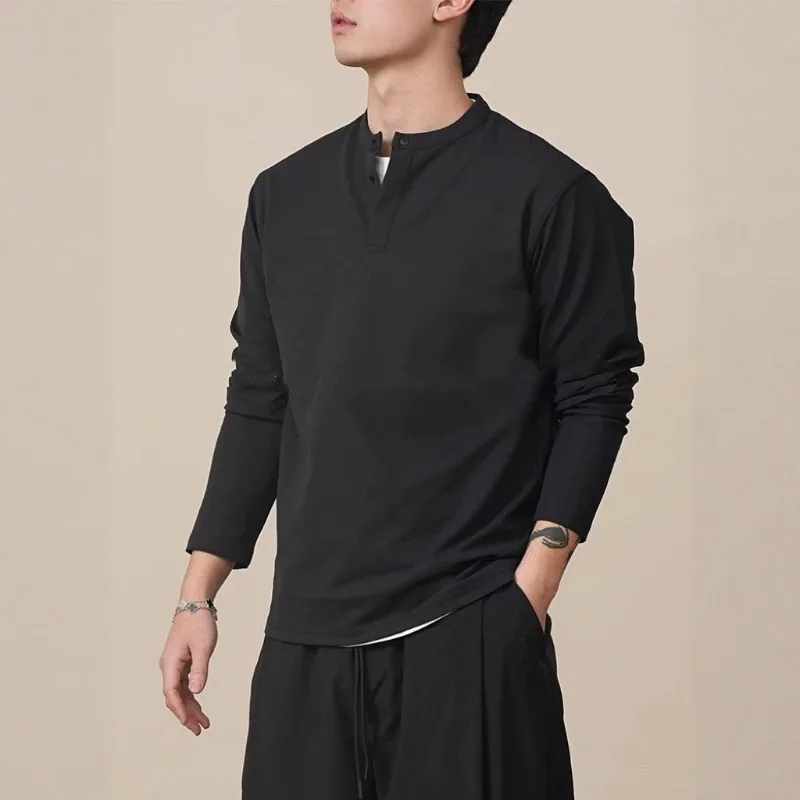 Henry Collar Dark Placket Long-sleeved Versatile Loose Front Shoulder Anti-wrinkle Solid Color Bottoming Casual T-shirt