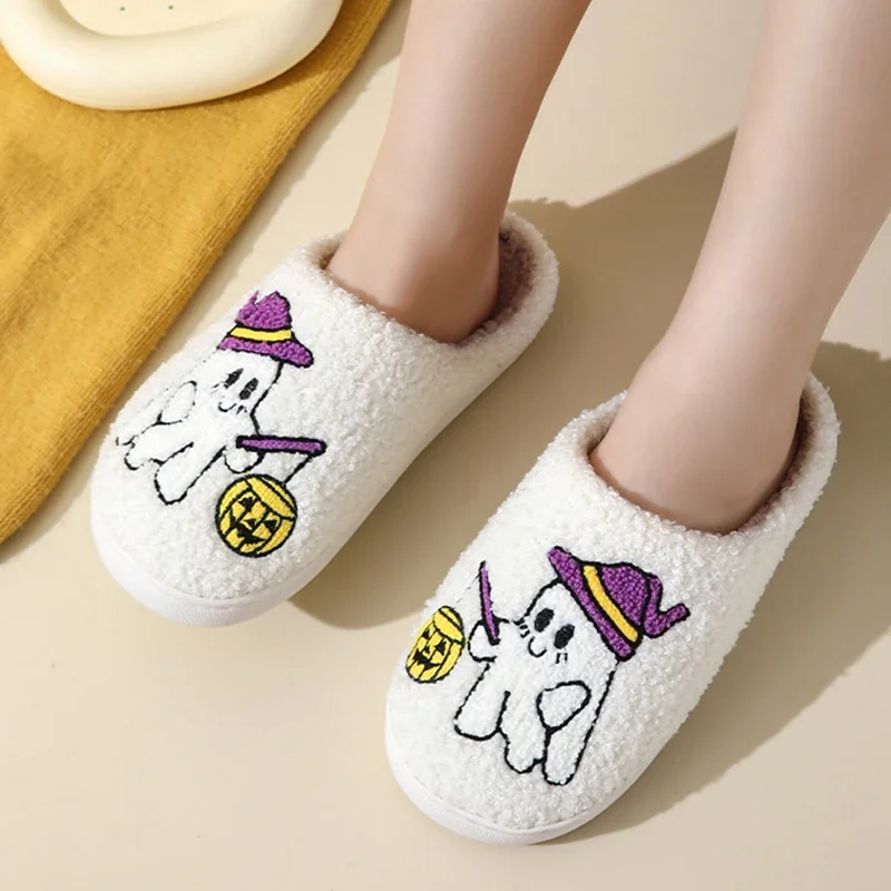 Halloween Cute Ghost Furry Indoor Slippers Women 2026 Winter Warm Plush Cartoon Slippers Plus Size Couple Non Slip Home Slides